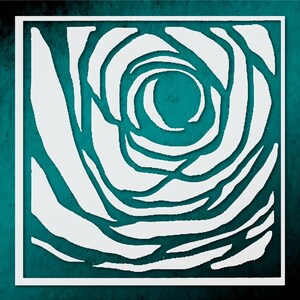 May include: A square, white, abstract floral design against a teal background. The design features a stylized rose with swirling petals, cut out from the white square. The teal background is visible through the cutouts, creating a contrast.
