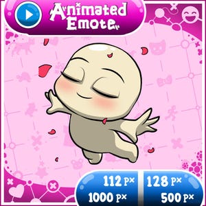 May include: A digital illustration of a bald, cream-colored character with closed eyes and pink cheeks, arms outstretched, surrounded by falling pink petals. The top banner reads Animated Emote, and the bottom displays 112 px, 128 px, 1000 px, 500 px.