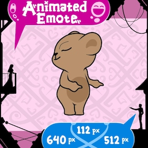Può includere: Un personaggio orso dei cartoni animati marrone con gli occhi chiusi e una macchia ventrale marrone chiaro. L'immagine presenta il testo Animated Emote in alto e le dimensioni 640 px, 112 px e 512 px in un fumetto blu con sagome.