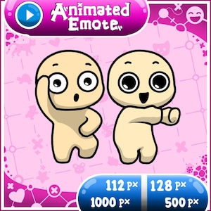 May include: Two beige cartoon characters with large eyes on a pink background. The left character has a surprised expression with a hand near its head, while the right character smiles with arms extended. Text reads Animated Emote, 112 px, 128 px, 1000 px, 500 px.