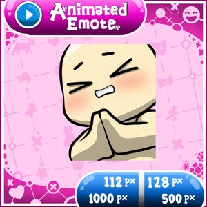 Puede incluir: Un emote animado digital que muestra un personaje pálido de cabeza redonda con los ojos cerrados y una expresión de angustia, con las manos juntas en un gesto de súplica. El gráfico incluye el texto Animated Emote y las dimensiones 112 px por 1000 px y 128 px por 500 px sobre un fondo rosa.