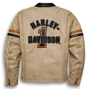 Harley-Davidson Men's Adventure Leather Biker Jacket –  Racing Style with #1 Logo Back Patch – Vintage Cafe Racer Motorcycle Gear