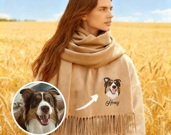 Custom Dog Portrait Embroidery Scarf - Personalized Pet Sketch Winter Scarf