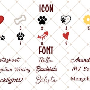 May include: A graphic featuring icons and fonts. Icons include a red heart, a bone, paw prints, a fish skeleton, and a yellow flower. Fonts include "Photoshoot", "Mellisa", and "Ananda".