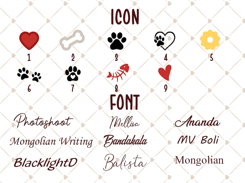 May include: A graphic featuring icons and fonts. Icons include a red heart, a bone, paw prints, a fish skeleton, and a yellow flower. Fonts include "Photoshoot", "Mellisa", and "Ananda".