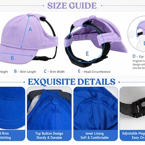 May include: A lavender pet baseball cap with a curved brim and adjustable magnetic buckle. The cap features a top button design and inner lining. Size guide includes crown height, brim length, brim width, ear spacing, and head circumference measurements.