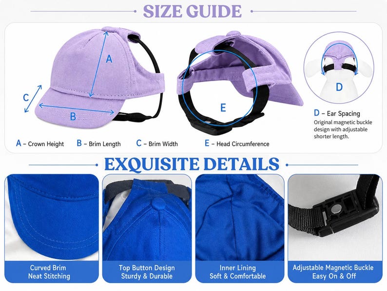 May include: A lavender pet baseball cap with a curved brim and adjustable magnetic buckle. The cap features a top button design and inner lining. Size guide includes crown height, brim length, brim width, ear spacing, and head circumference measurements.