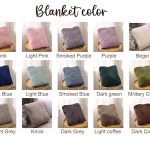 May include: A display of various colored blankets, including pink, light pink, smoked purple, purple, and beige. Other colors are dark blue, light blue, smoked blue, dark green, and military green. Additional colors are light grey, knick, dark grey, light coffee, and dark coffee. The text "Blanket color" is at the top.