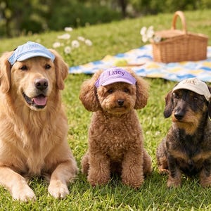 May include: Three dogs wearing visors sit on a grassy lawn. A golden retriever wears a light blue visor, a poodle wears a purple visor with "Lucy" printed on it, and a dachshund wears a tan visor with "Jax" printed on it. A picnic basket and blanket are in the background.