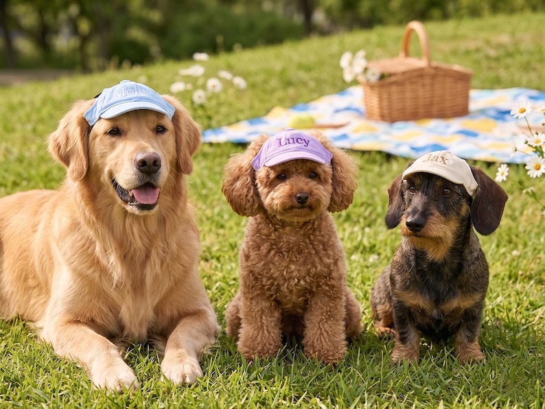 May include: Three dogs wearing visors sit on a grassy lawn. A golden retriever wears a light blue visor, a poodle wears a purple visor with "Lucy" printed on it, and a dachshund wears a tan visor with "Jax" printed on it. A picnic basket and blanket are in the background.