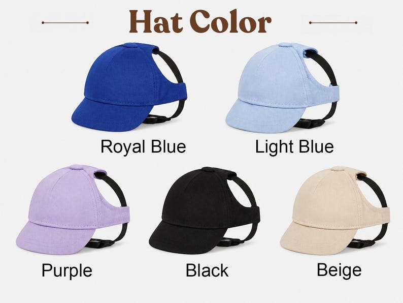 May include: A collection of dog baseball caps in various colors: royal blue, light blue, purple, black, and beige. Each cap has a black strap and the text "Hat Color" is displayed at the top.