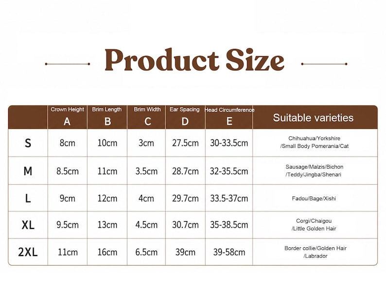 May include: A product size chart with measurements in centimeters for pet accessories. The chart includes crown height, brim length, brim width, ear spacing, and head circumference, with suitable varieties listed for each size, such as Chihuahua and Yorkshire.