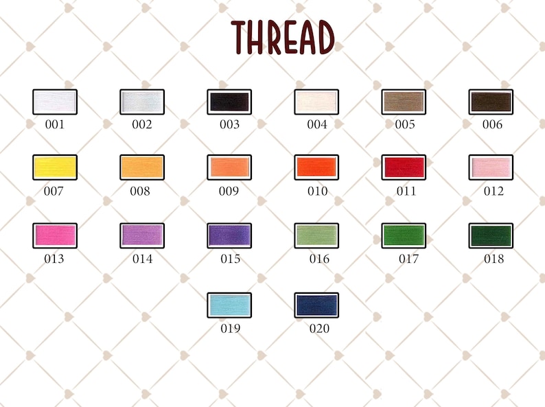 May include: A color chart of thread spools, each labeled with a number. The word "THREAD" is at the top in a brown, handwritten-style font. The spools are in various colors, including white, black, yellow, orange, red, and pink.