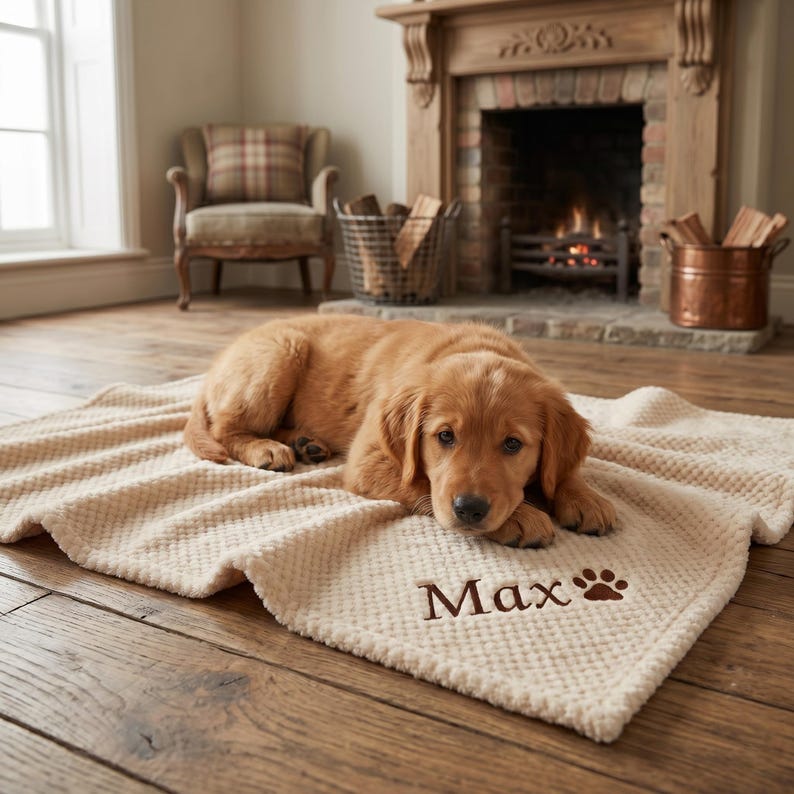 May include: A golden retriever puppy rests on a beige textured blanket with the name "Max" and a paw print embroidered in brown. The blanket is on a wooden floor, with a fireplace and chair in the background.