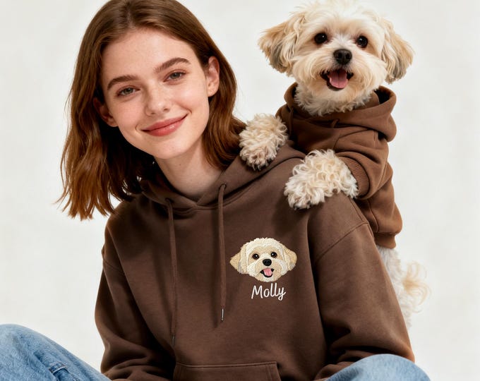 Matching Dog & Owner Hoodie, Custom Pet Portrait, Embroidered Name