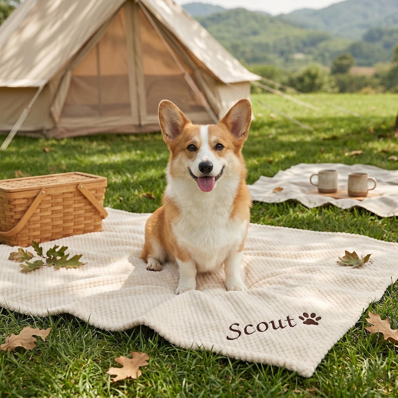 May include: A happy corgi dog sits on a cream-colored blanket with the name "Scout" and a paw print embroidered on it. A picnic basket and two mugs sit nearby. A tent is in the background, with green grass and trees.