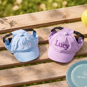 May include: Two personalized dog baseball caps, one light blue with "Molly" embroidered, the other lavender with "Lucy". A tennis ball and a "Fetch-Mate" frisbee are also visible, suggesting a pet-themed product.