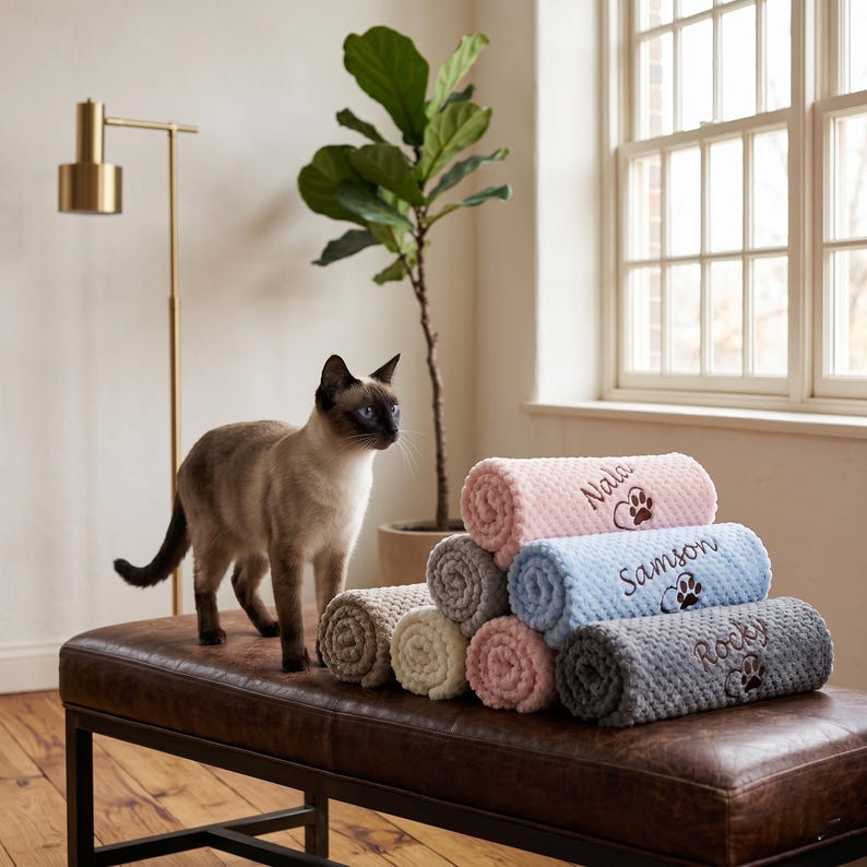 May include: A stack of six rolled pet blankets in various colors, including pink, blue, and gray, each embroidered with a pet's name and a paw print. A Siamese cat stands on a brown leather bench next to the blankets.
