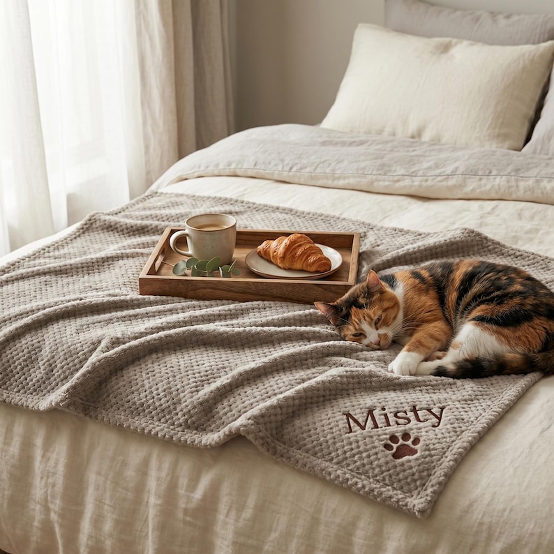May include: A cozy bedroom scene with a gray waffle-knit blanket on a bed. A wooden tray holds a mug, a croissant, and greenery. A calico cat rests on the blanket, which is embroidered with the name "Misty" and a paw print.