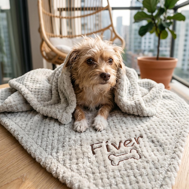 May include: A small, light brown dog is nestled under a soft, gray blanket. The blanket has a textured pattern and the word "Fiver" is embroidered in brown, along with a bone graphic. The dog is looking forward.