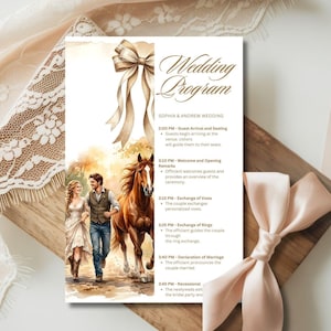 May include: A wedding program with a watercolor illustration of a couple and a horse. The program features the text "Wedding Program" and the names "SOPHIA & ANDREW WEDDING". The program details the wedding schedule.