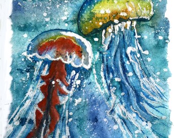 Jellyfish Watercolor Batik Art Print