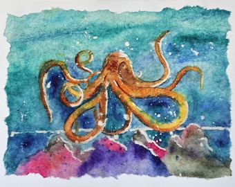 Reef Octopus Batik Print: Watercolor Painting on Rice Paper