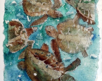 Batik Turtle Watercolor Painting on Rice Paper: Ocean Art Print