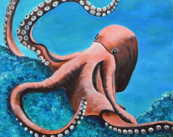 Colorful Octopus Giclee Print: Happy Sea Creature Art (6x6)