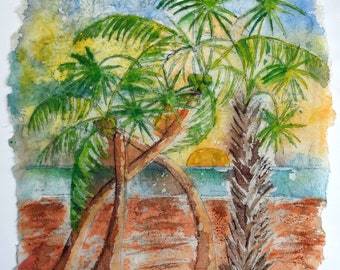 Batik Palms Print: Watercolor Palm Tree Art on Rice Paper