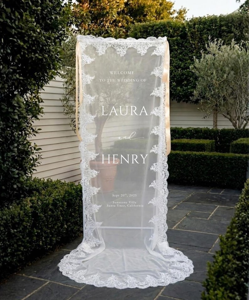 Rounded Bottom Sheer Lace Wedding Welcome Sign – Elegant Tulle Ceremony ...