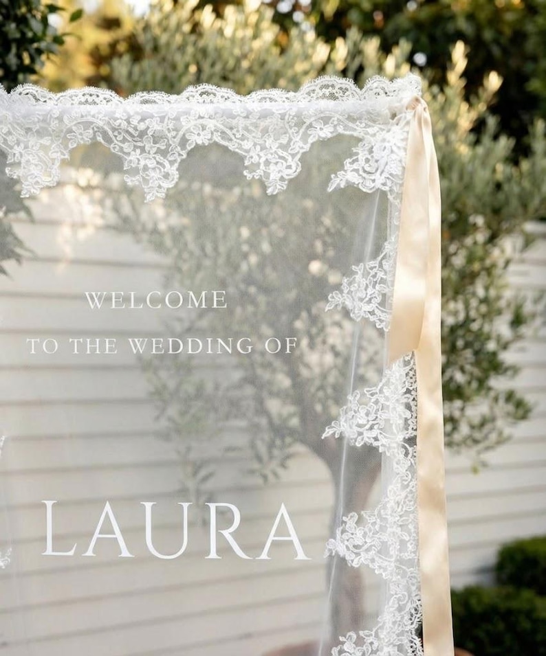 Rounded Bottom Sheer Lace Wedding Welcome Sign – Elegant Tulle Ceremony ...