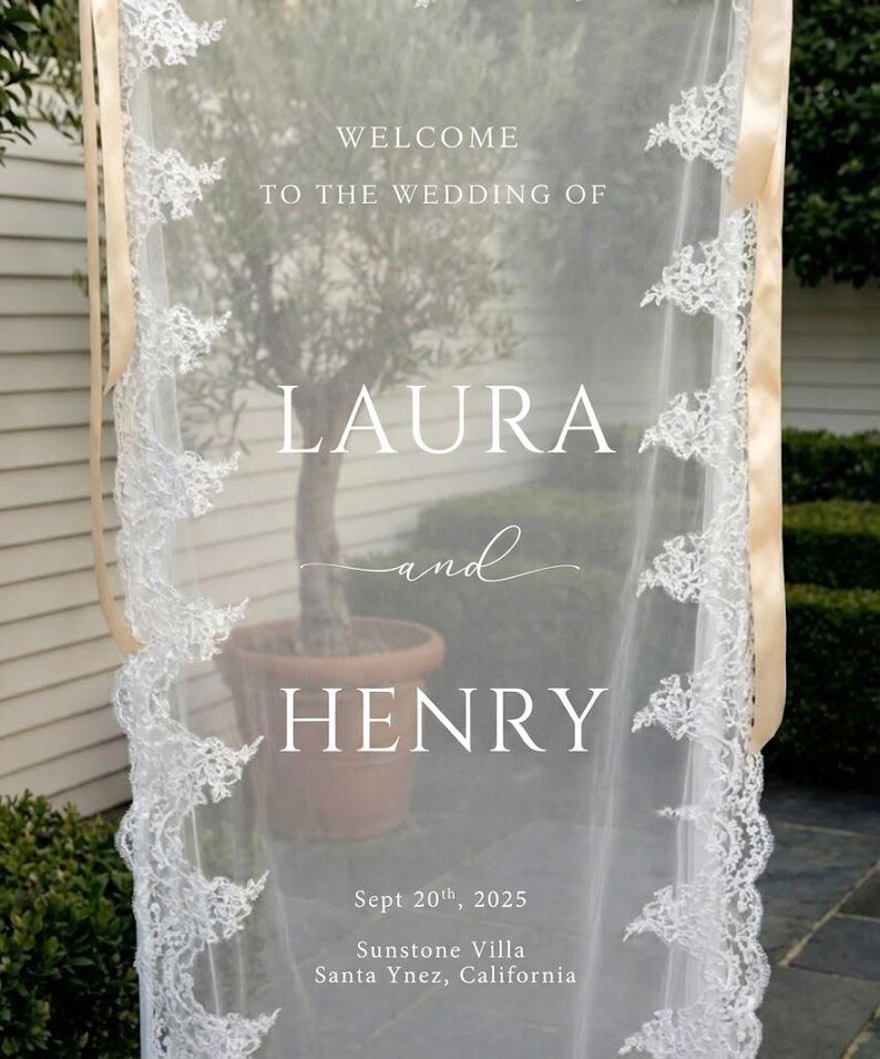 Rounded Bottom Sheer Lace Wedding Welcome Sign – Elegant Tulle Ceremony ...