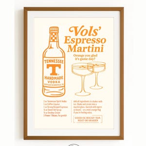 Vols エスプレッソ マティーニ ウォールアート ポスター | デジタルダウンロード | テネシー大学ノックスビル校 | バーカートの上、印刷可能、寮の装飾、UTK