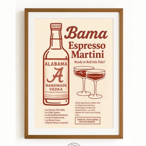 Bama Espresso Martini Poster | Game Day Bar Cart Print | Crimson Tide Cocktail Art | University of Alabama | Southern Print Digital Download