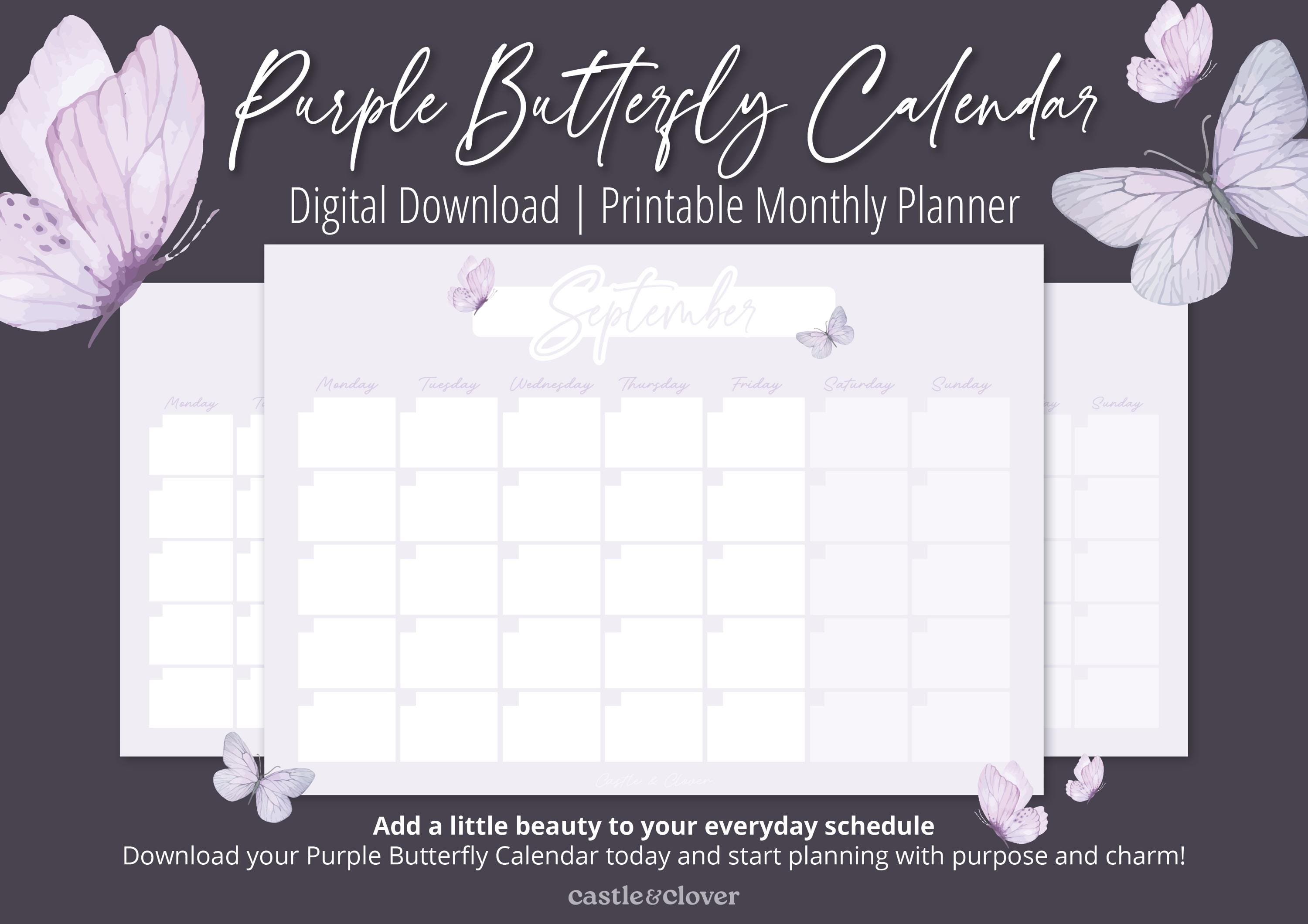 Purple Butterfly Calendar | Digital Download | Printable Monthly ...