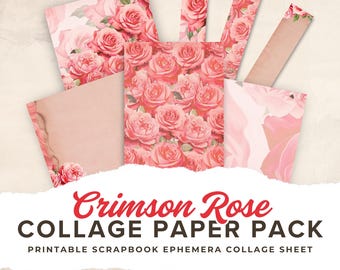 Crimson Rose Junk Journal Paper: collageblad met rode bloemen (digitale download)