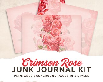 Crimson Rose Junk Journal Kit – Afdrukbare achtergrondpagina's in 3 stijlen