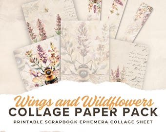 Wings and Wildflowers Junk Journal Paper – Printable Scrapbook Ephemera Collage Sheet | Digital Download