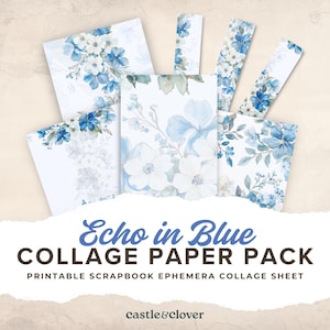 Papel de Diário Eco em Azul – Folha de Colagem de Objetos Efêmeros para Scrapbook para Imprimir | Recortes Florais Rosa | Download Digital