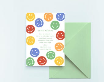 Colorful Smiley Face Birthday Invitation | Editable Canva Template | Kids Party Invite | Instant Digital Download