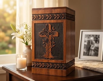 May include: A wooden urn with a carved cross design. The cross is surrounded by a tree and leaf design. The urn is brown with a dark brown panel. A lit candle and a framed photo are on the table.