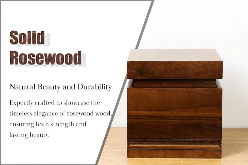 May include: A solid rosewood cube-shaped object with a rich, dark brown finish. The design features a layered construction, showcasing the natural grain and beauty of the wood. The text "Solid Rosewood" is visible.