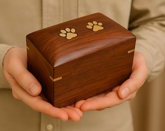 May include: A rectangular, wooden pet urn with a rich brown finish. The top features two gold-colored paw prints. Gold accents are visible on the corners. The urn is designed to hold the ashes of a beloved pet.