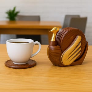 Handmade Wooden Duck Coaster Set with Holder: Rustic Home Decor