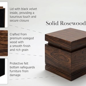 May include: A solid rosewood box with a lid. The box is crafted from premium wood with a smooth finish and rich grain. The lid has black velvet inside. Protective felt bottom safeguards furniture from damage.