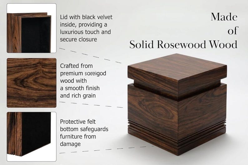May include: A solid rosewood box with a lid. The box is crafted from premium wood with a smooth finish and rich grain. The lid has black velvet inside. Protective felt bottom safeguards furniture from damage.