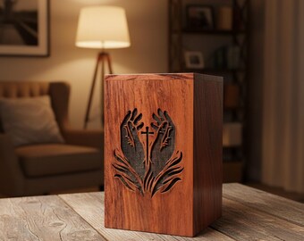 Rosewood Cremation Urn Box with Hands & Cross - Engraved Christian Wooden Memorial