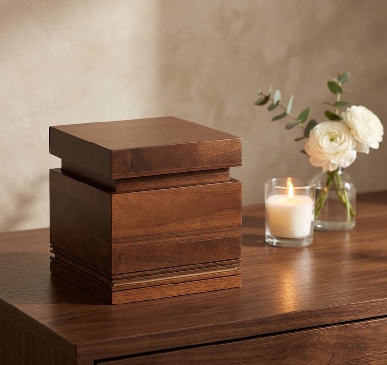 May include: A dark brown wooden box with a stepped design. A lit candle in a glass and a small vase of white flowers are next to the box. The box is on a dark brown wooden surface.