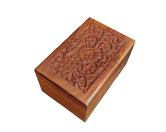 Hand Carved Rosewood Urn Box: Floral Engraved Memorial Keepsake